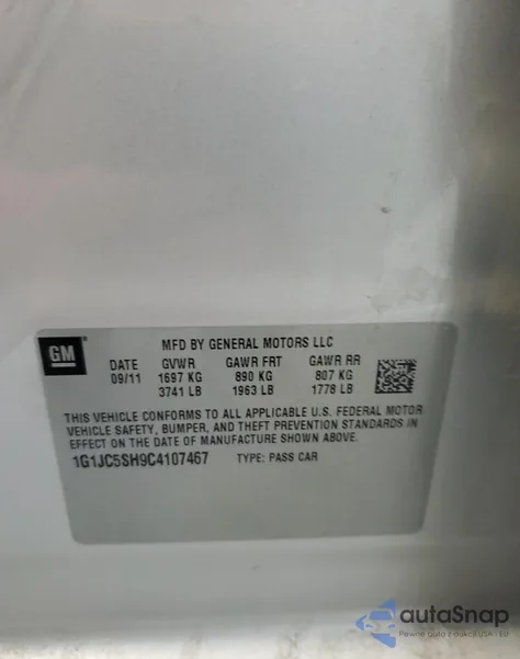 2012 Chevrolet Sonic Lt z USA, uszkodzony, nr VIN 1G1JC5SH9C4107467